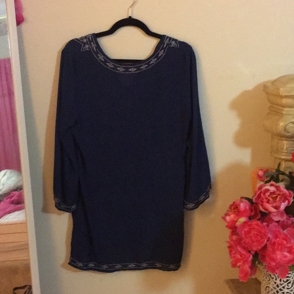 Navy Embroidered Sun Dress Bell Arms Short - Picture 5 of 5